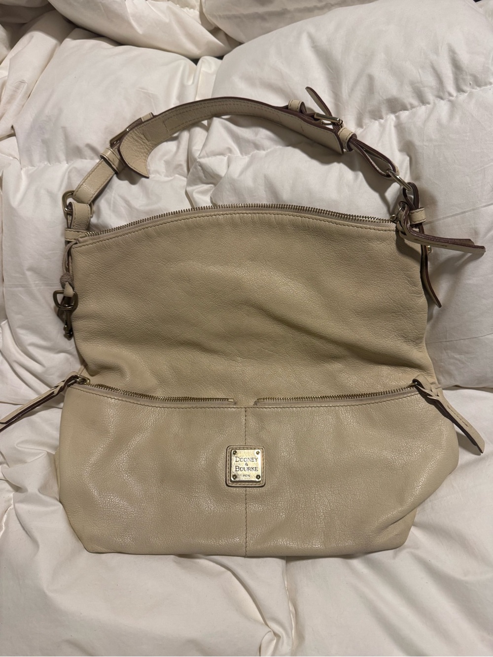 Dooney & Bourke Cream Leather Shoulder Hobo with Top Zip